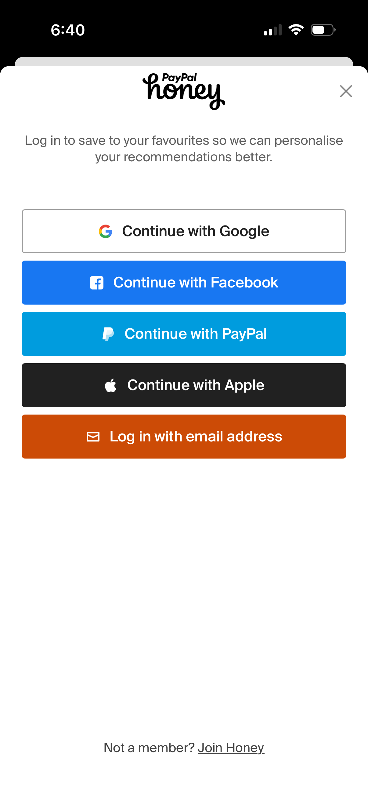 honey login screenshot